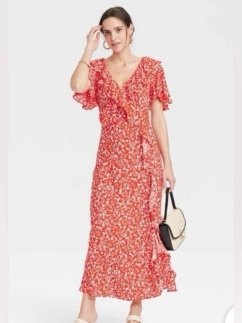 Floral Ruffle Wrap V-neck Midi Dress - Coral with Side Slit